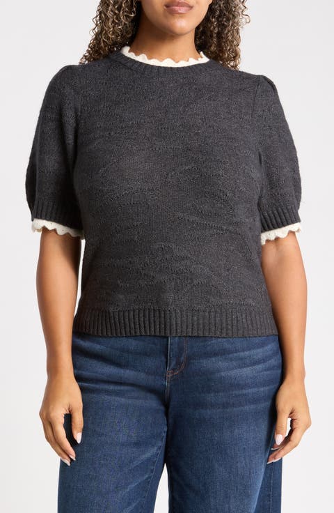 Scallop Trim Puff Sleeve Sweater
