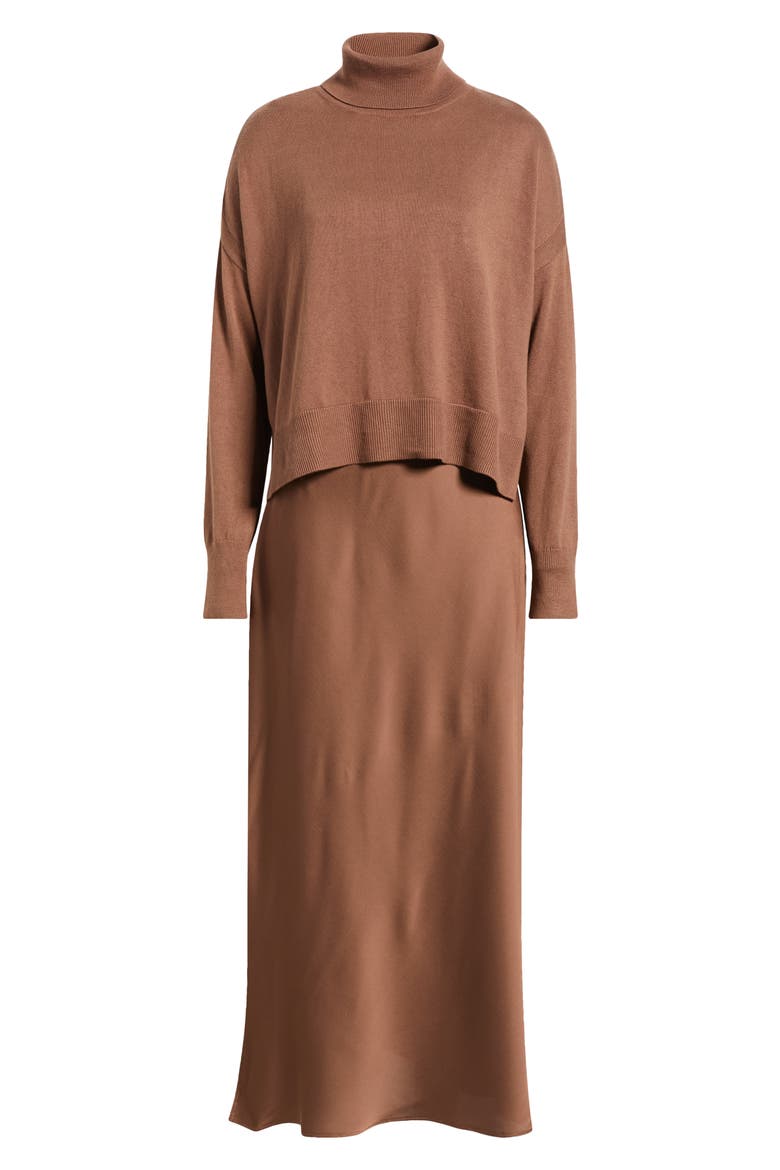 Turtleneck Sweater & Satin Slipdress Set, Alternate, color, COCOA BROWN