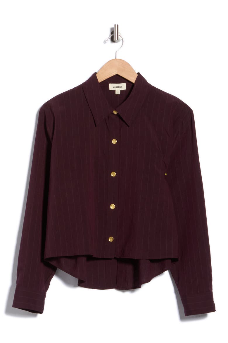 Cosette Crop Button-Up Shirt, Main, color, DARK MALBEC PINSTRIPE