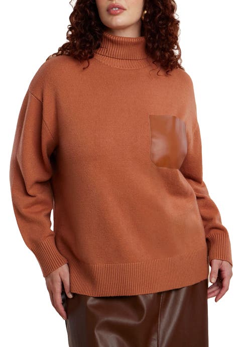 Faux Leather Pocket Turtleneck Sweater