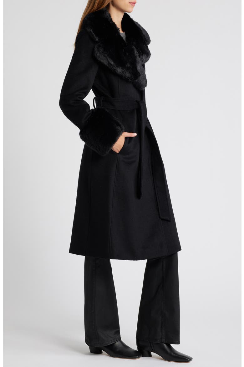 Belted Faux Fur Trim Coat, Alternate, color, BLACK