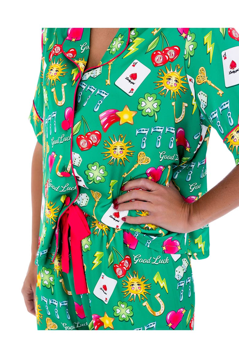 Women's Lucky Silky Short Sleeve Pant Set, Alternate, color, Green
