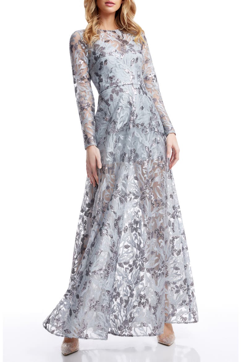 Ava Sequin Floral Long Sleeve A-Line Gown, Main, color, LIGHT ICE BLUE