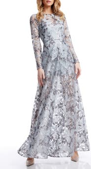 Dress the Population Ava Sequin Floral Long Sleeve A-Line Gown