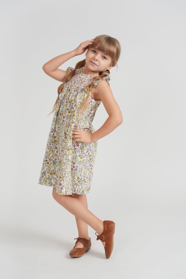 Girls Floral Woven Jumper - Smocked Yoke, Gathered Knee-Length Skirt, Main, color, Pink