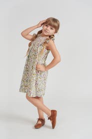 Charlotte & George Girls Floral Woven Jumper - Smocked Yoke, Gathered Knee-Length Skirt