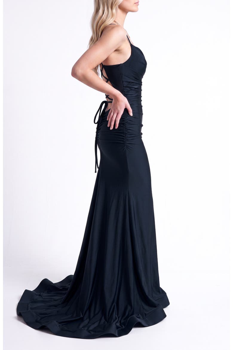 Ruched Cowl Neck Lace-Up Mermaid Evening Gown, Alternate, color, Black