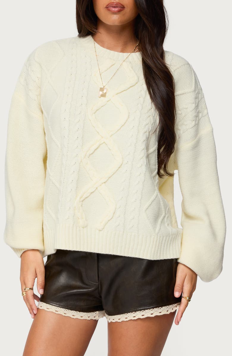 EDIKTED Oversize Crewneck Cable Stitch Sweater, Main, color, Cream