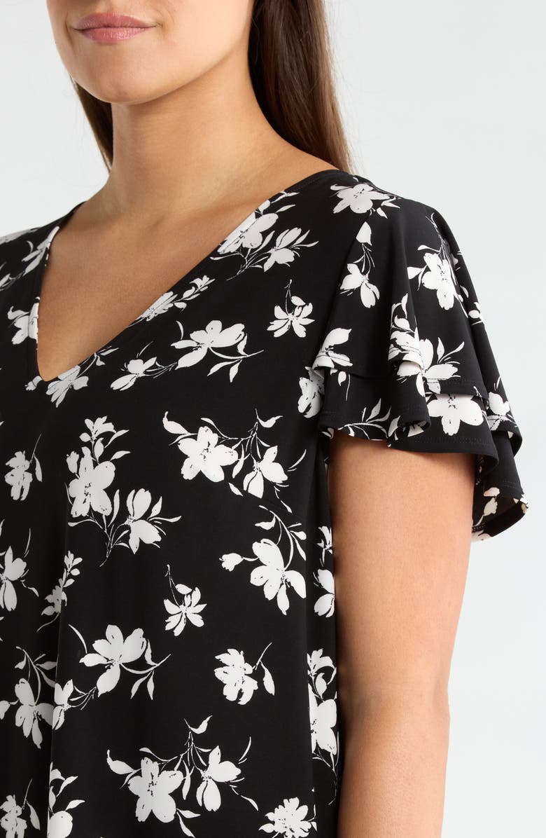 AK ANNE KLEIN Floral Double Flutter Sleeve Dress, Alternate, color, Anne Black/ White Dove