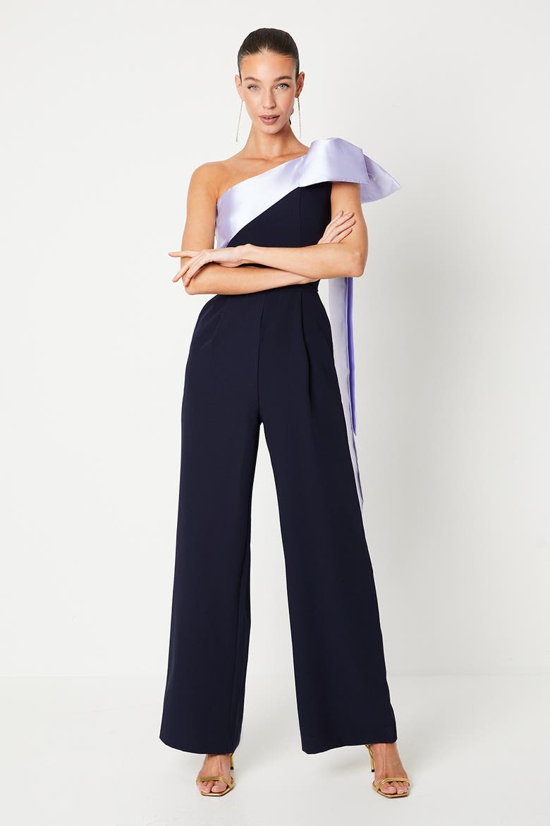 Bow One Shoulder Wide Leg Jumpsuit, Main, color, Navy