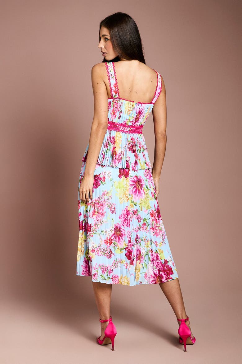 Pleated Floral Square Neck Midi Dress, Alternate, color, Blue