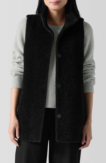 Eileen Fisher High Collar Wool Blend Fleece Vest In Black
