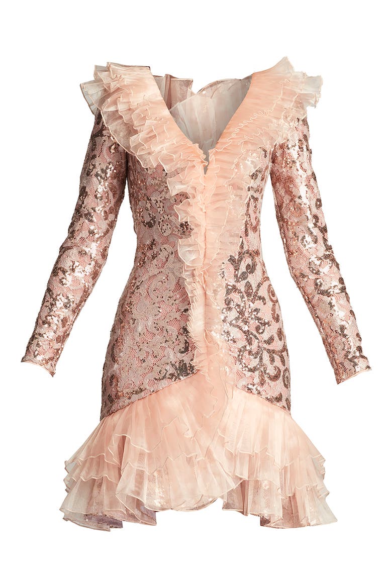 Sequin Ruffle Long Sleeve Cocktail Dress, Alternate, color, BLUSH/ PINK
