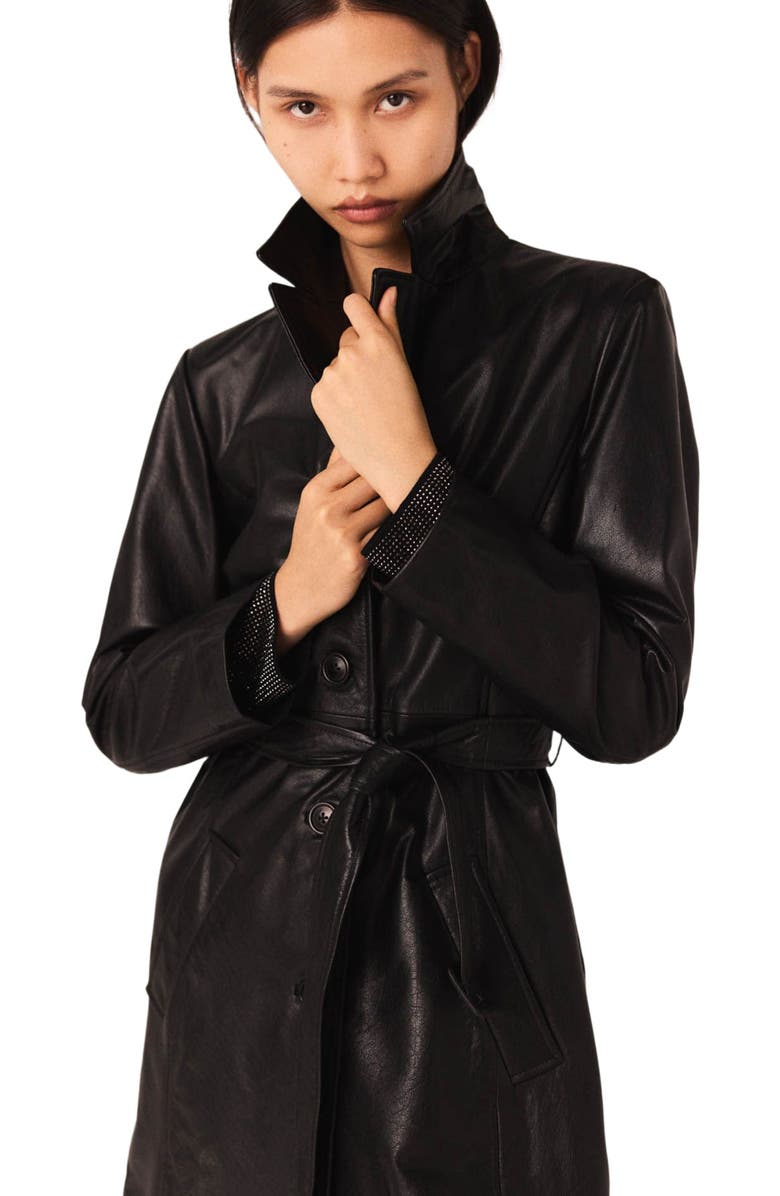 maje Long leather trench coat, Alternate, color, Black