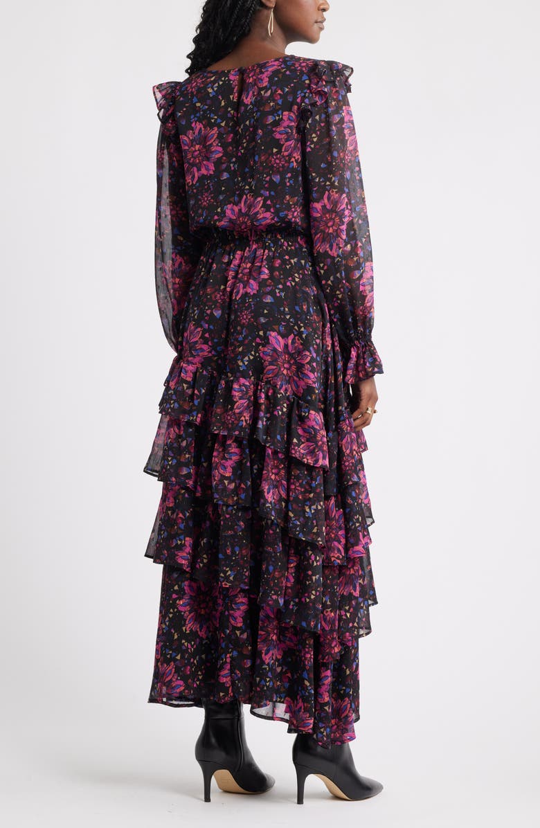 Treasure & Bond Tiered Ruffle Faux Wrap Maxi Dress, Alternate, color, Black-Pink Painterly Medallion