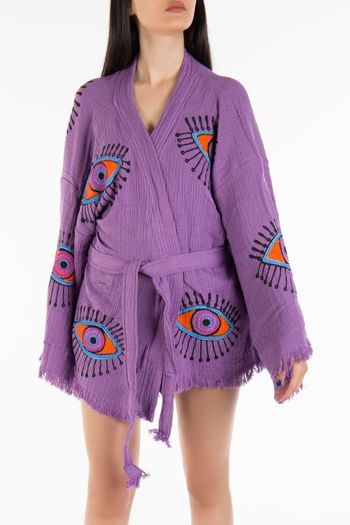 Forever & Always Shoes Sereia Evil Eye Handmade Cotton Short Kimono In Purple
