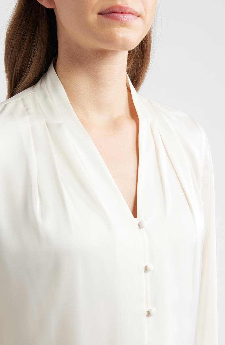 Anne Klein Pleat Front V-Neck Button-Up Shirt, Alternate, color, Eclair