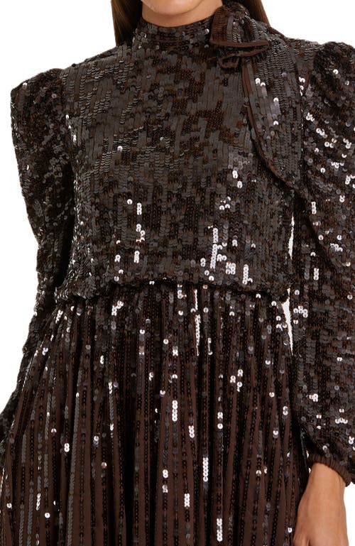 Mac Duggal Long Sleeve Tea Length Sequin Dress In Brown
