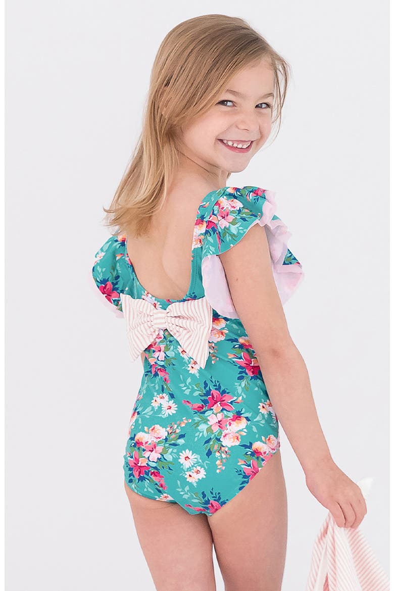 Kids' Fancy Me Floral Butterfly Sleeve One-Piece Swimsuit, Alternate, color, TEAL BLUE