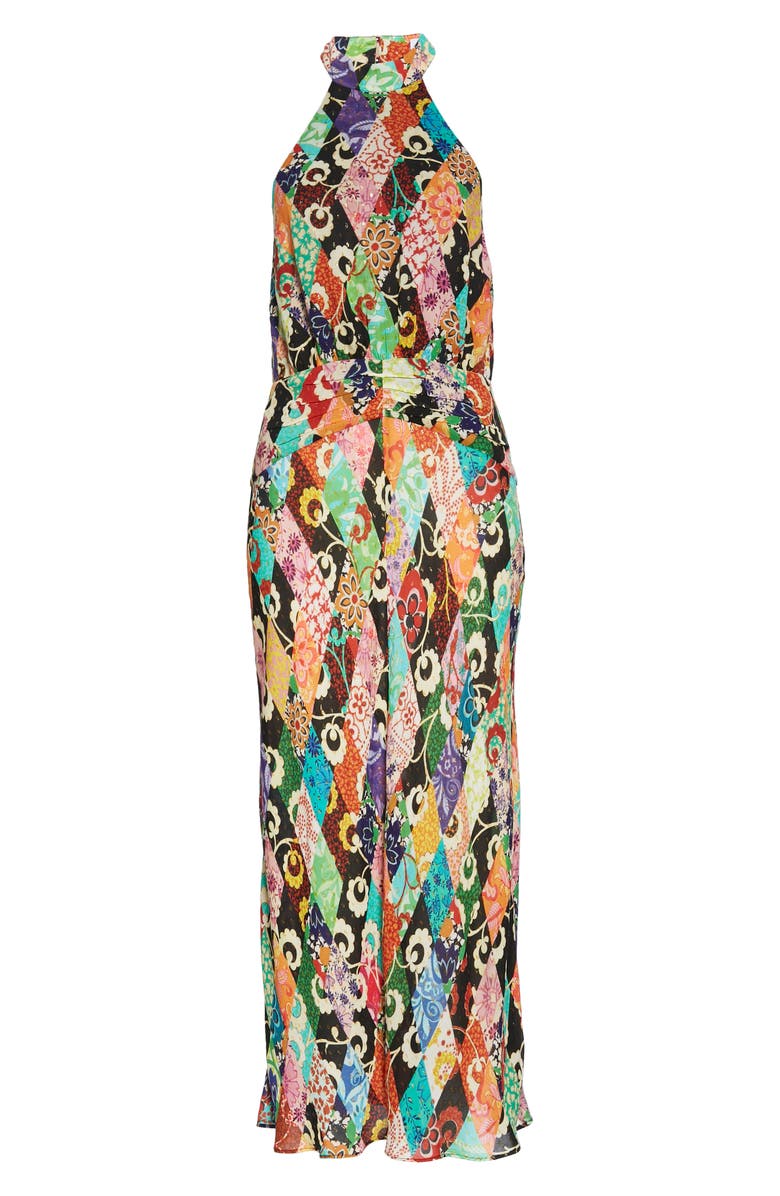 RIXO Kendra Metallic Fiber Pattern Mix Halter Neck Backless Maxi Dress, Alternate, color, 