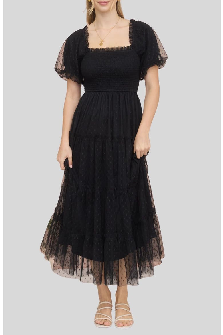 Puff Sleeve Midi Dress, Main, color, BLACK