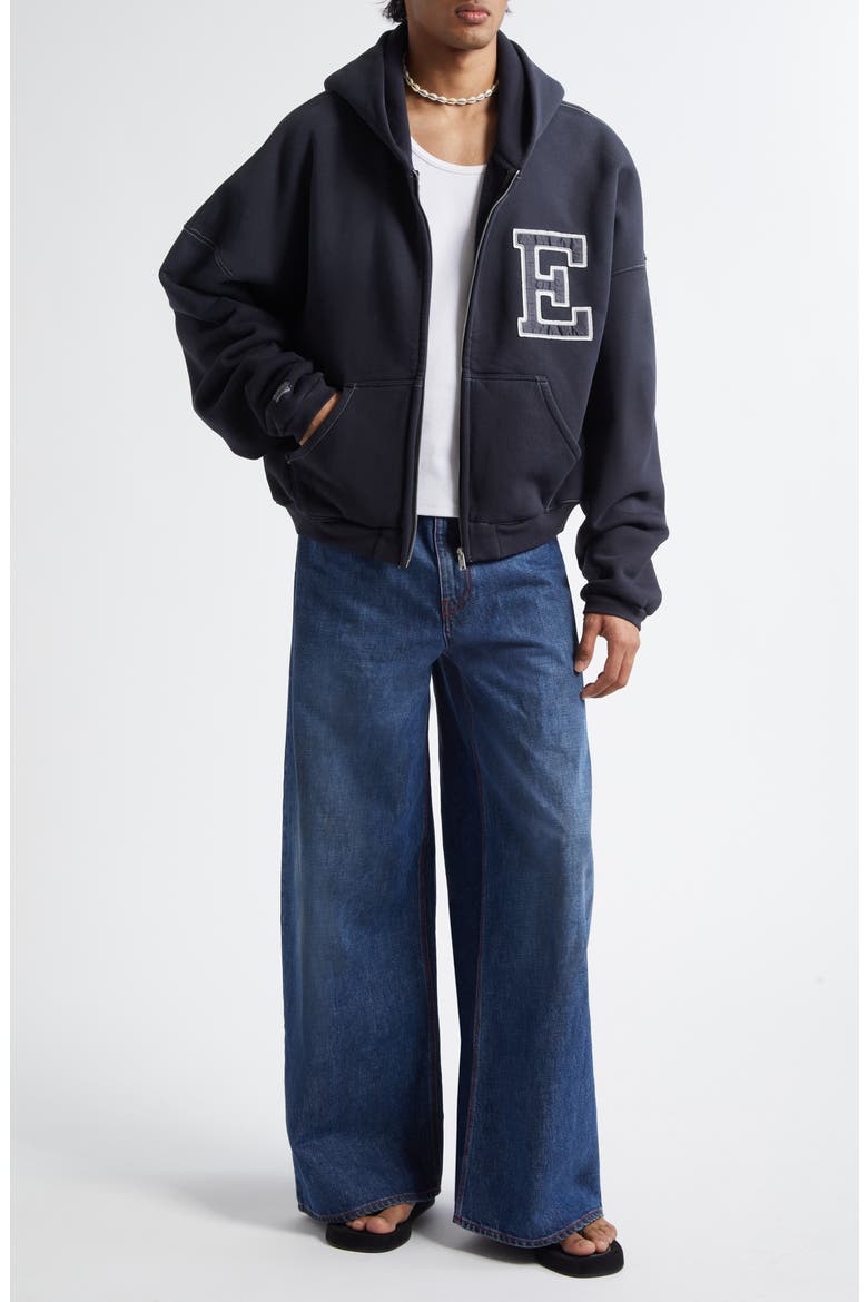 Gender Inclusive Oversize Varsity Zip Hoodie, Alternate, color, BLACK