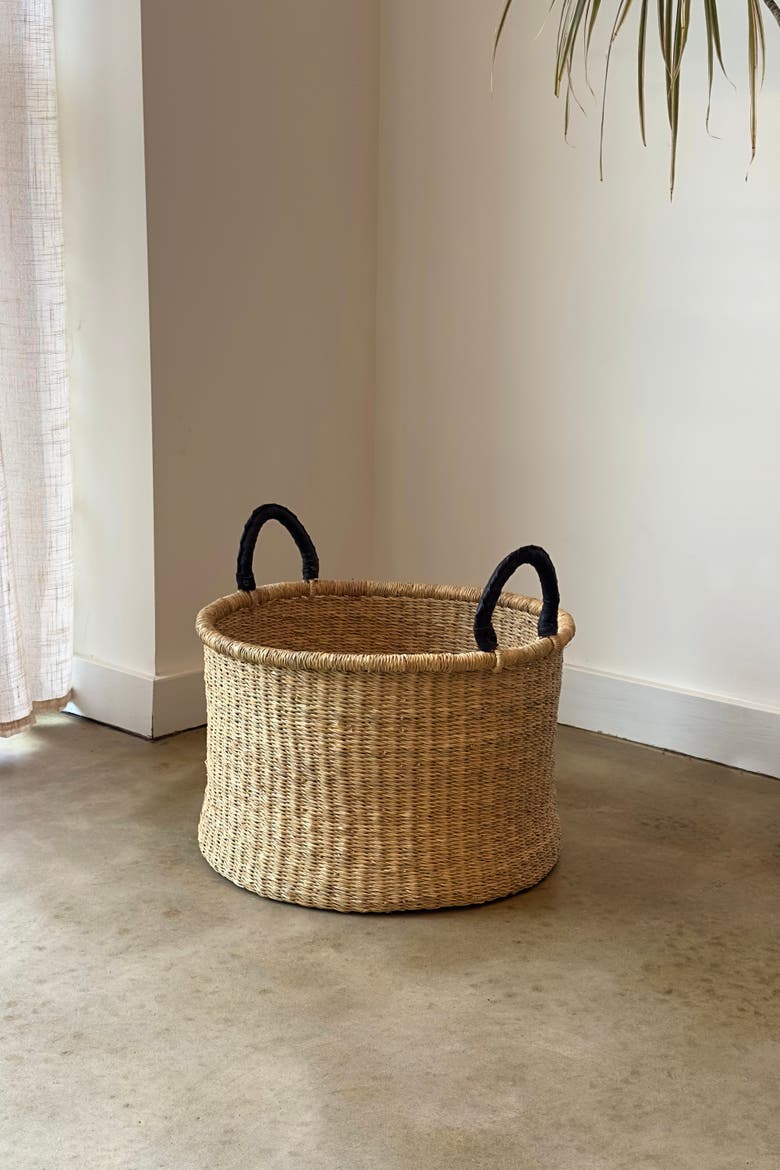 Handwoven Hamper with Leather Handles, Alternate, color, Natural