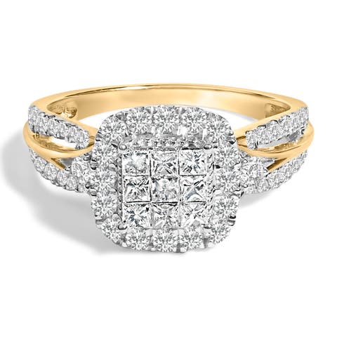 10K Yellow Gold 1.0 Cttw Diamond 3-Band-Look Engagement Ring