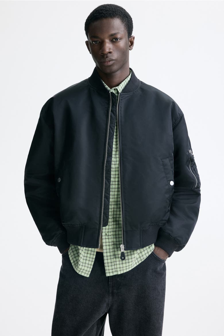 Padded Nylon Bomber Jacket, Alternate, color, Black