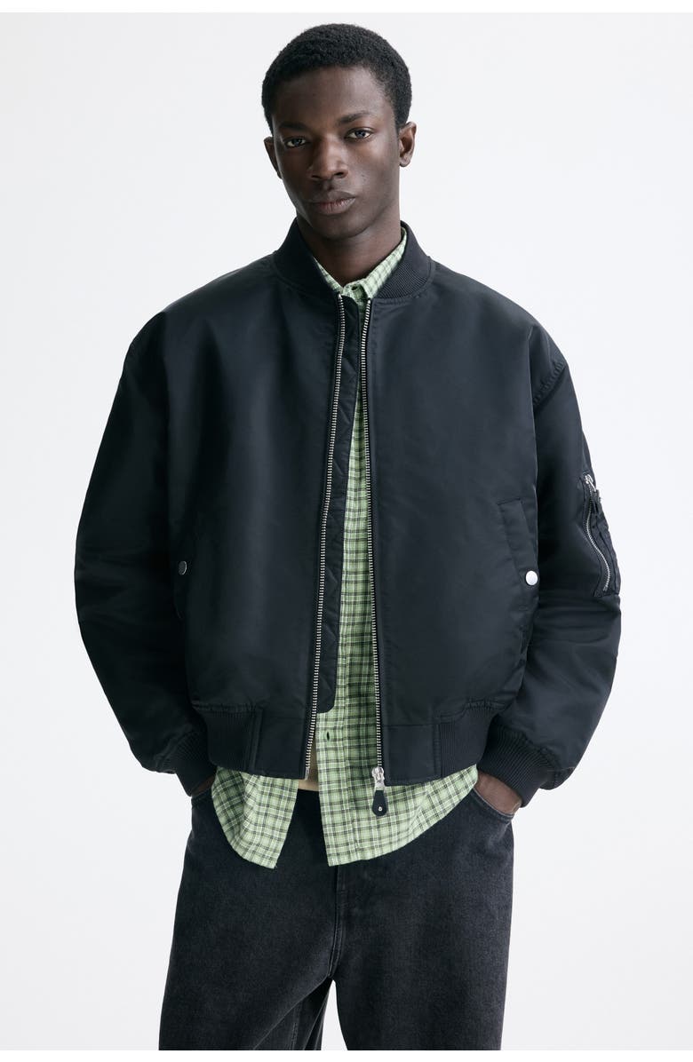 H&M Padded Nylon Bomber Jacket, Alternate, color, Black