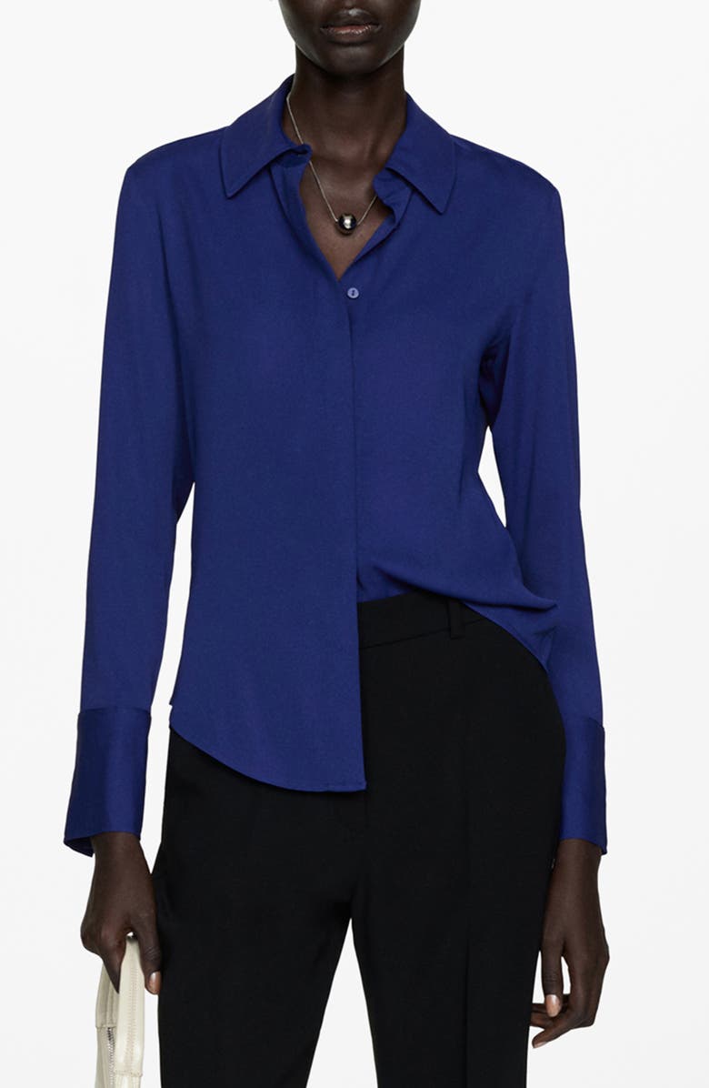 MANGO Fluid Long Sleeve Button-Up Shirt, Main, color, Navy