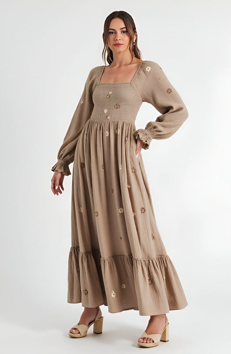 Modenaire Floral-Embroidered Smocked Tiered Open-Back Maxi Dress, Alternate, color,