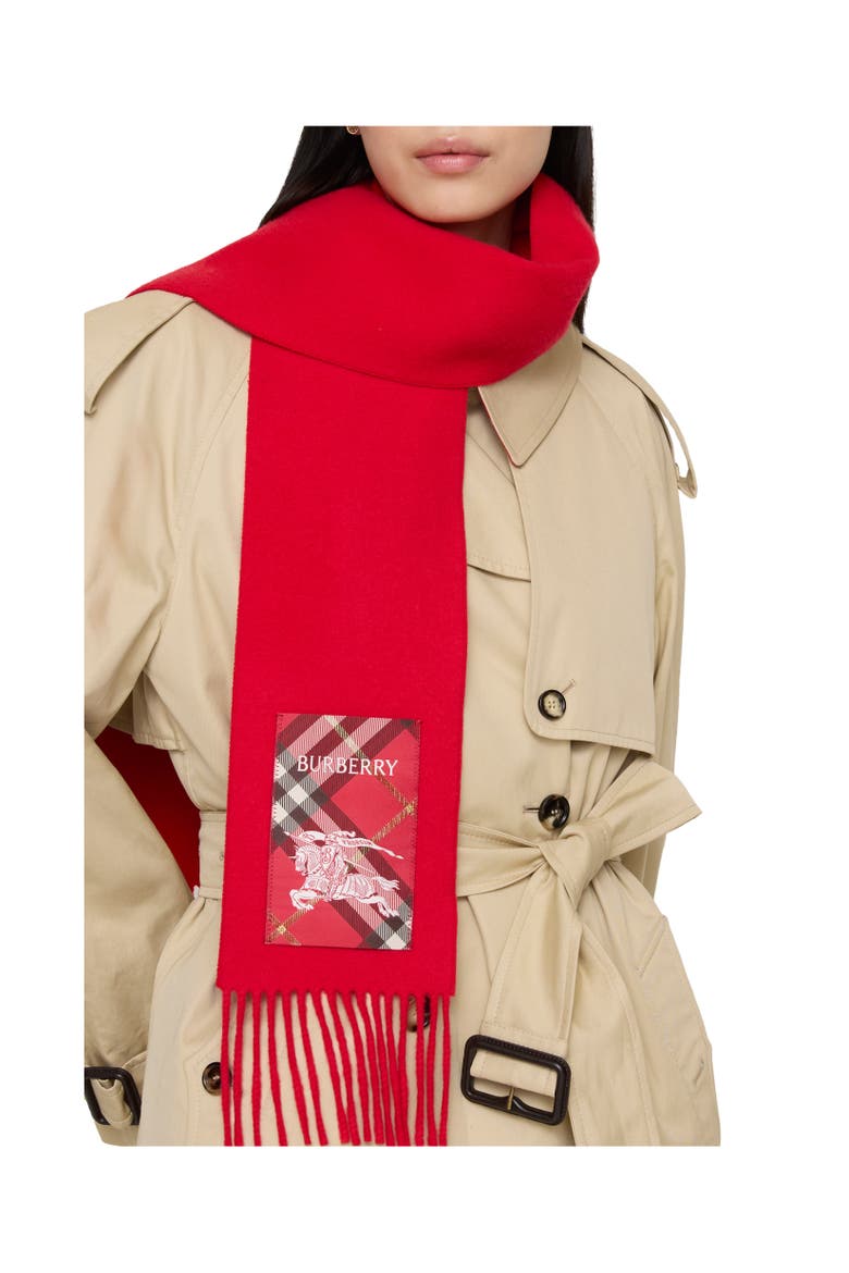 Check Label Cashmere Scarf, Alternate, color, Crayon red