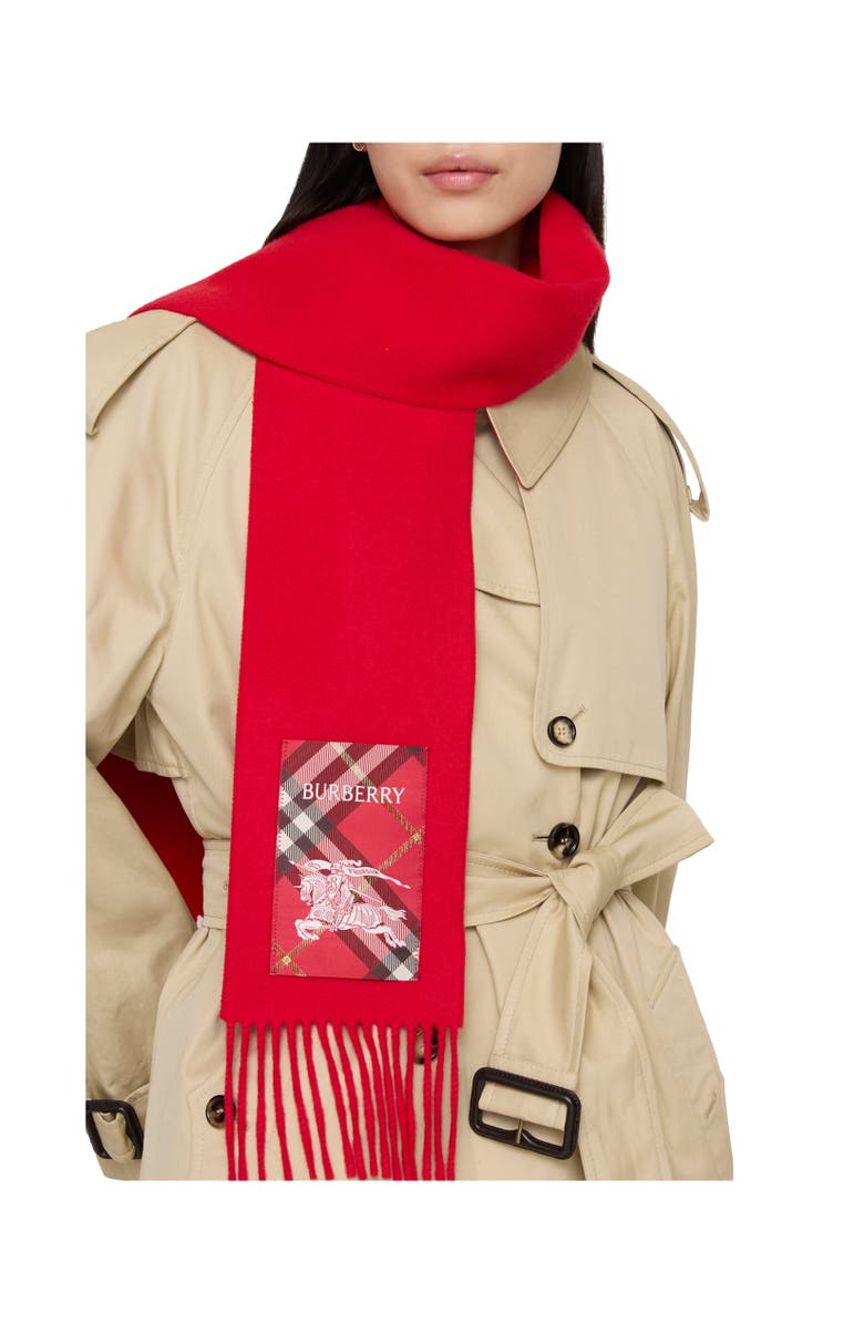 Burberry Check Label Cashmere Scarf, Alternate, color, Crayon Red