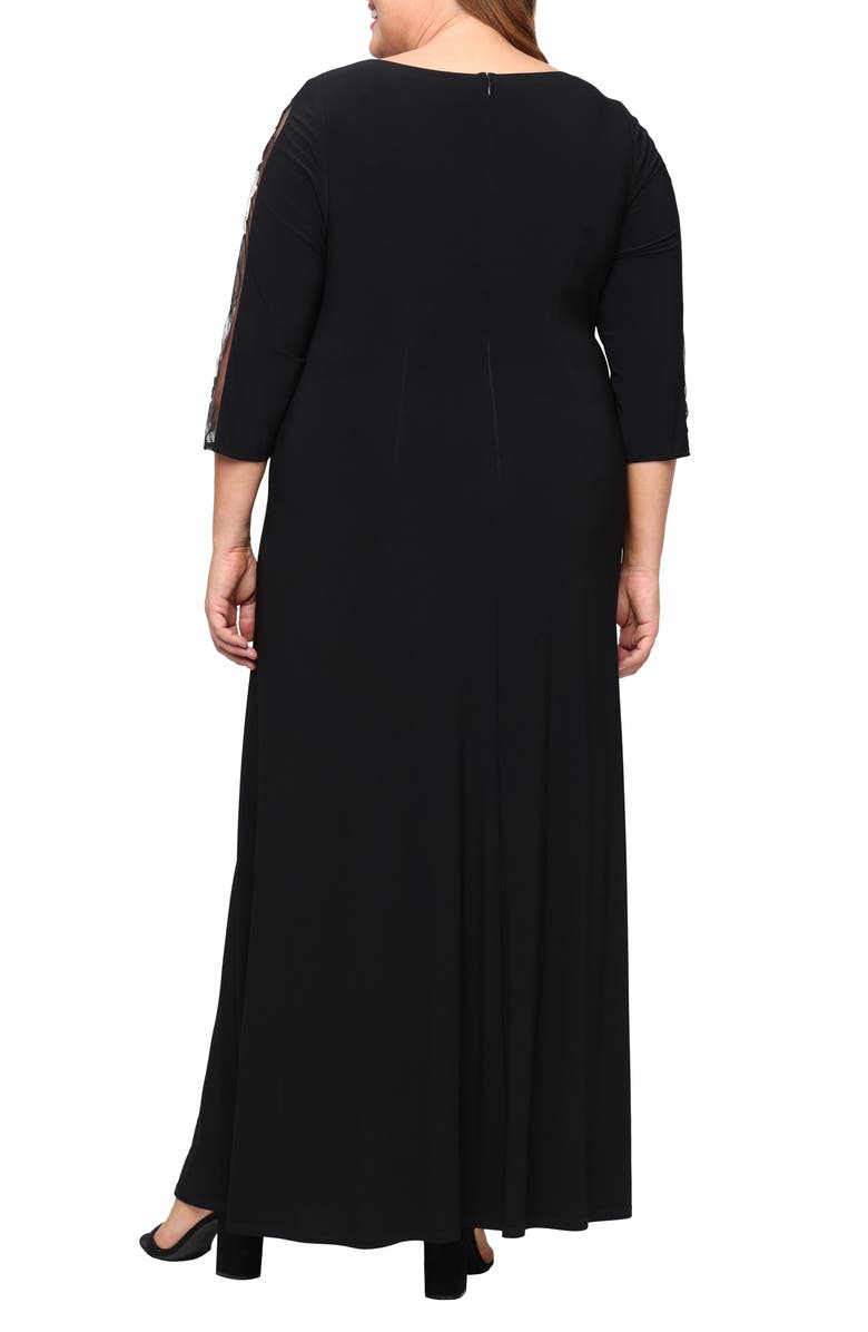 SL FASHIONS Embroidered Illusion Sleeve Jersey Gown, Alternate, color, Black Ivory