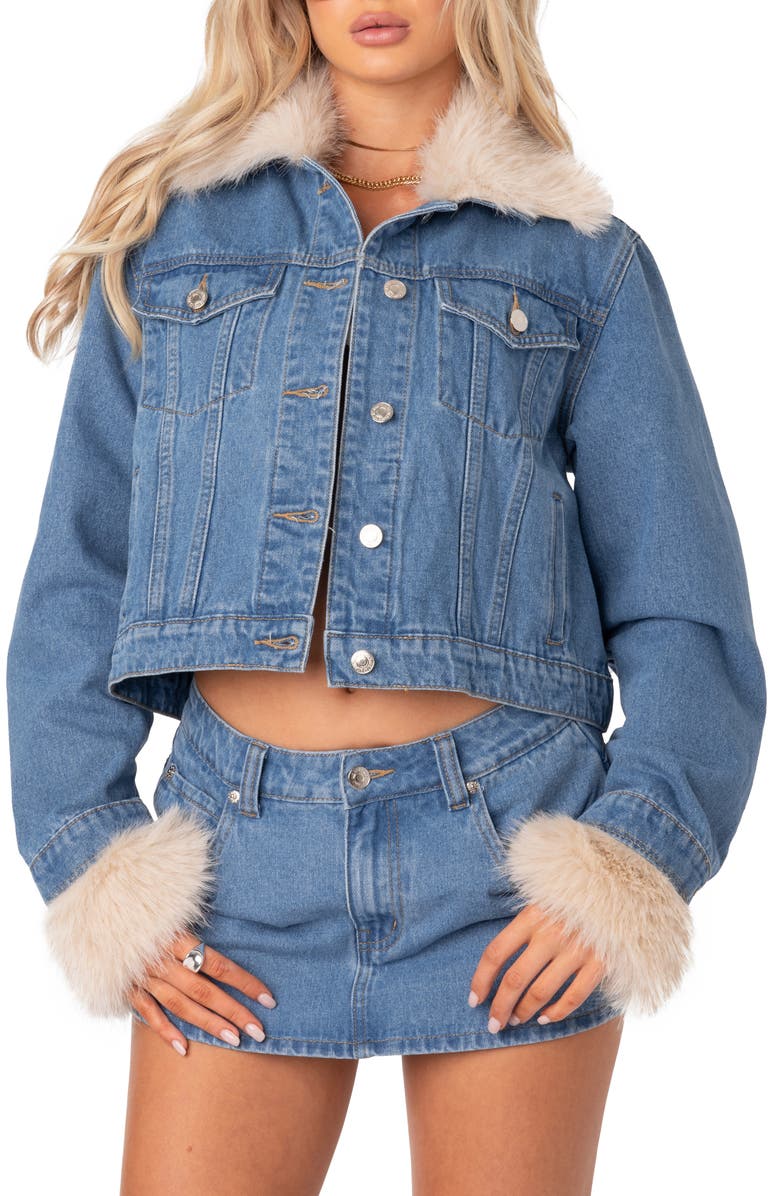 EDIKTED Drew Faux Fur Trim Denim Jacket, Main, color, 