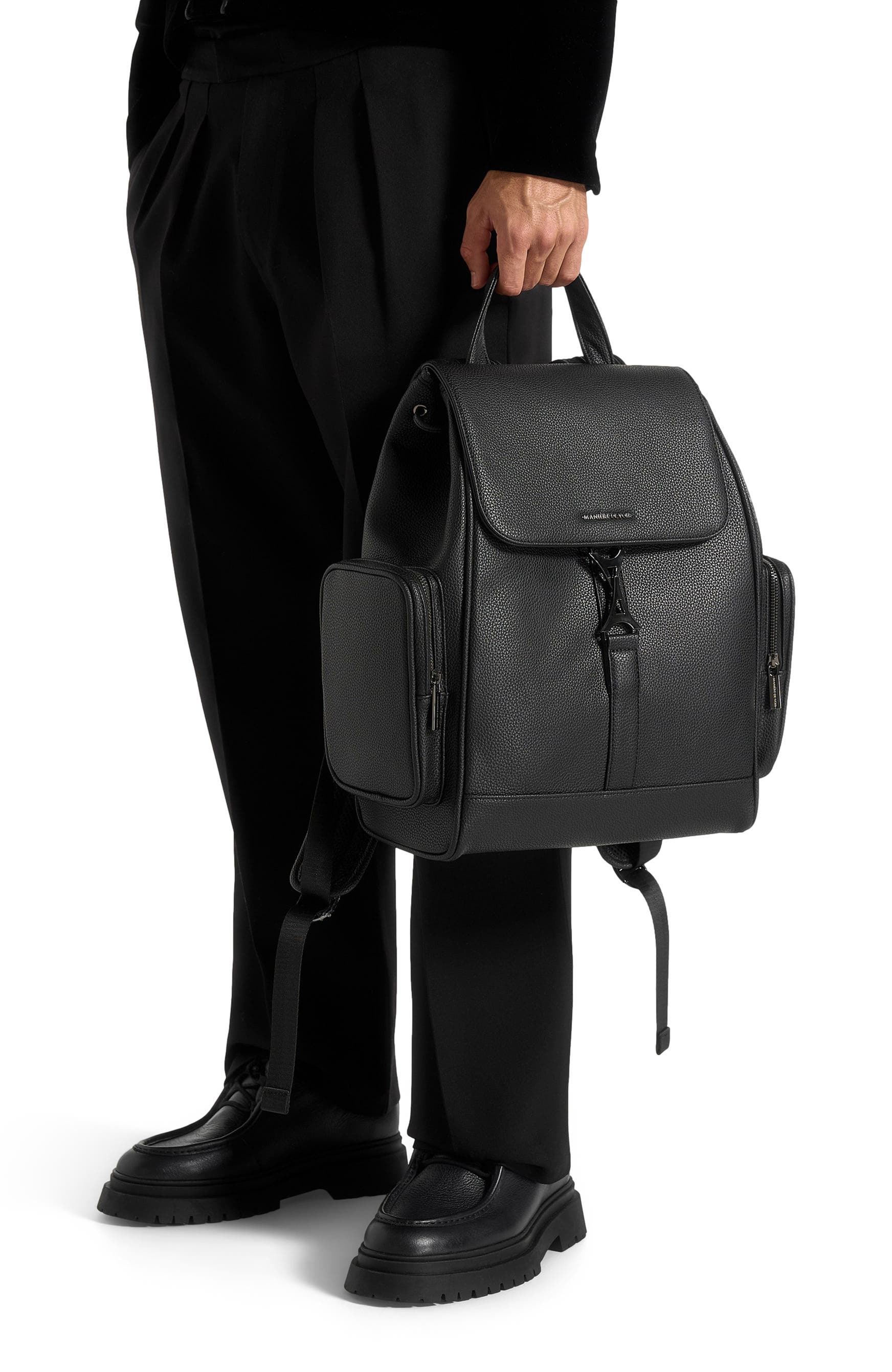 Manière De Voir Maloe Pebbled Leather Eiffel Clasp Backpack, Main, color, Black