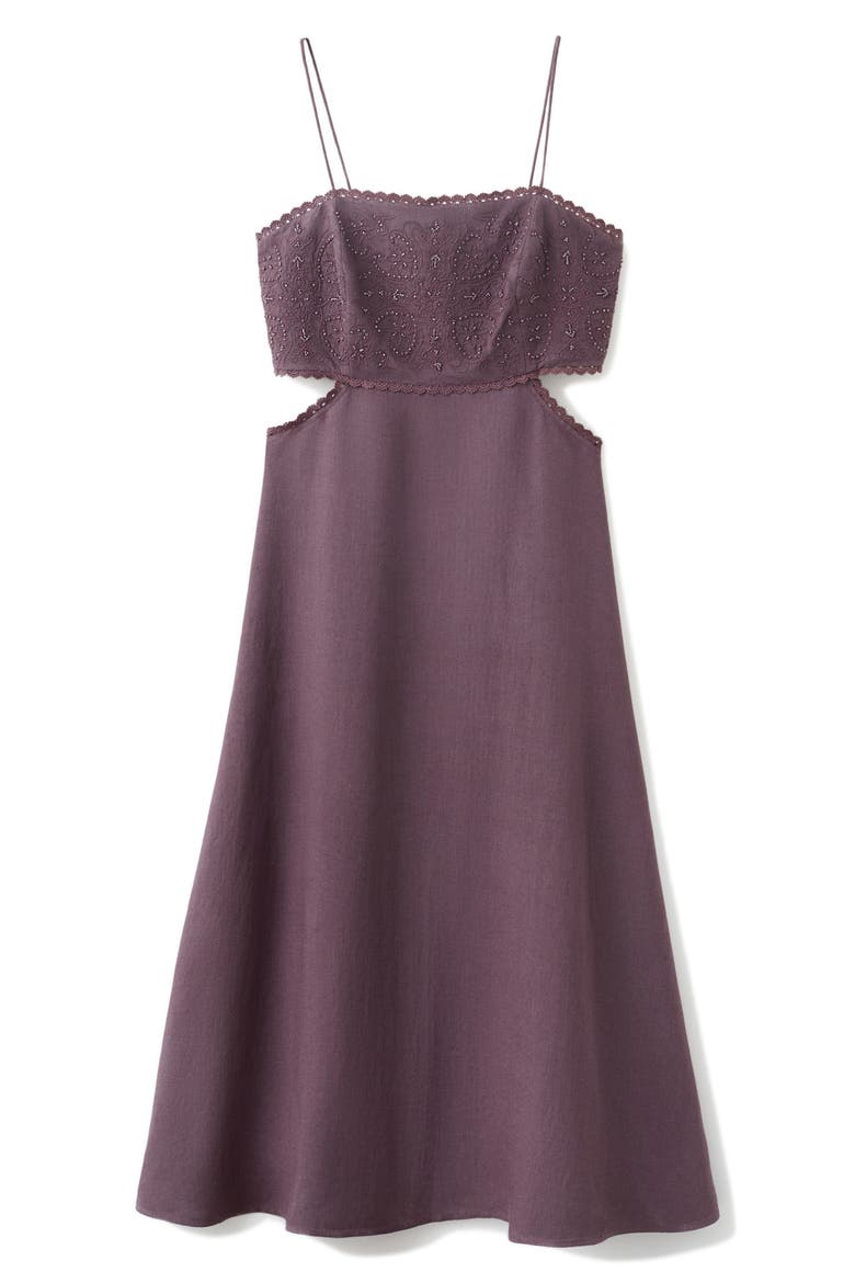 Embroidered Beaded Linen Blend Dress, Alternate, color, PLUM