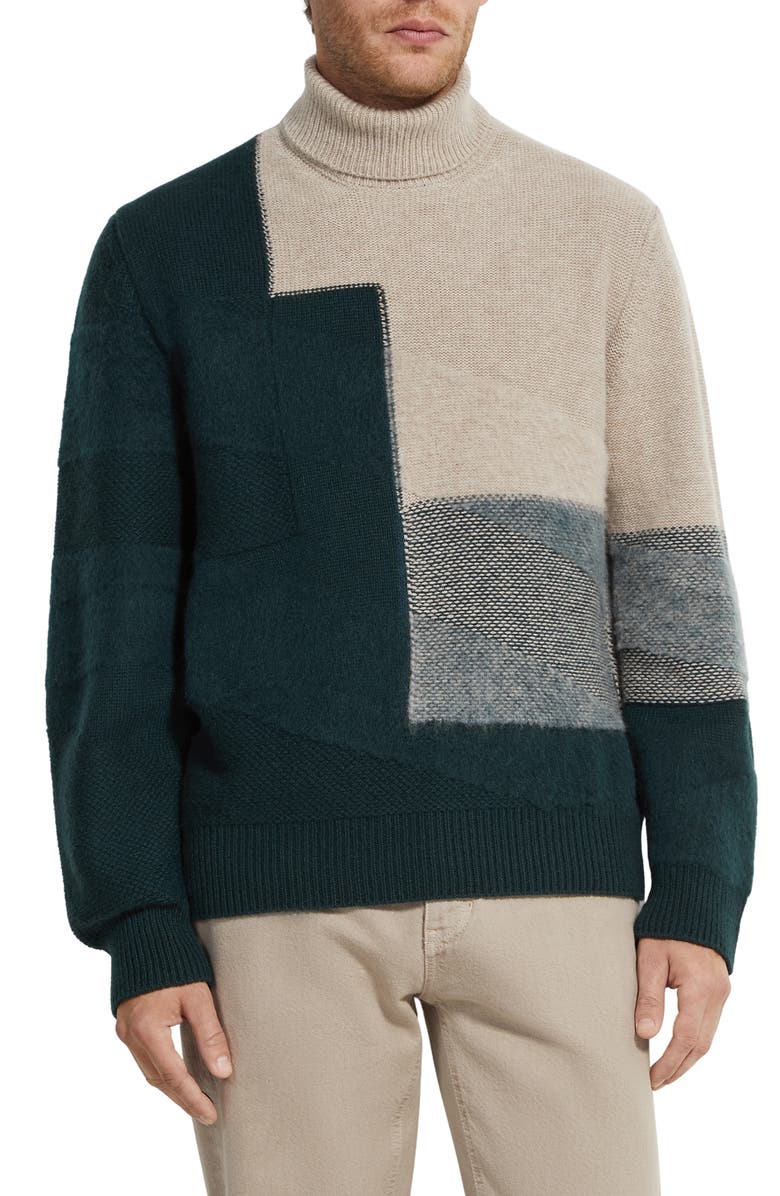 ZEGNA Cashmere & Mohair Turtleneck Sweater, Main, color, Light Taupe/ Dark Green