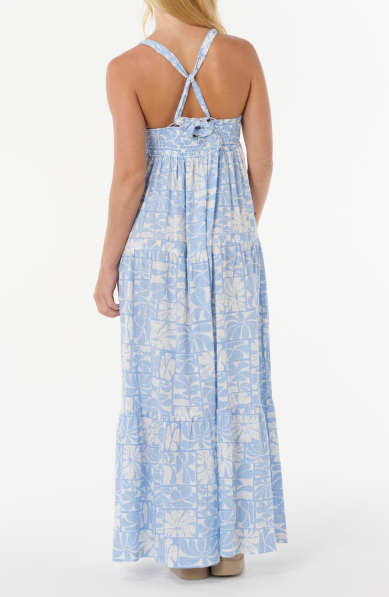 Rip Curl Print Knotted Sleeveless Tiered Maxi Sundress, Alternate, color, Blue