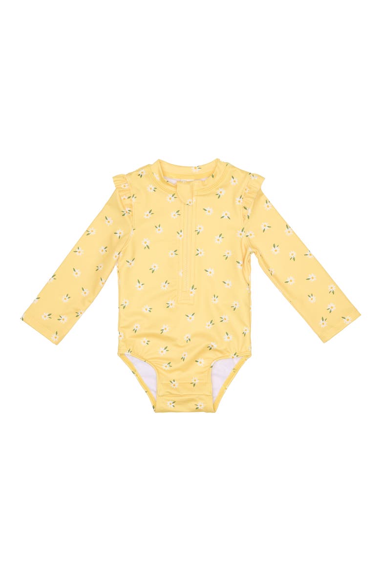 One-Piece Rashguard Swimsuit & Hat Set, Alternate, color, YELLOW FLOWERS
