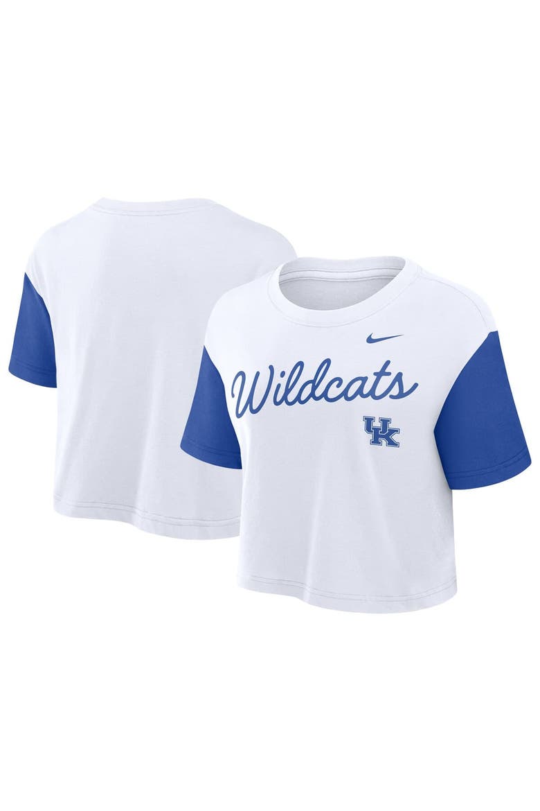 Women's Nike White/Royal Kentucky Wildcats Color-Block Script Performance Cropped T-Shirt, Main, color, White