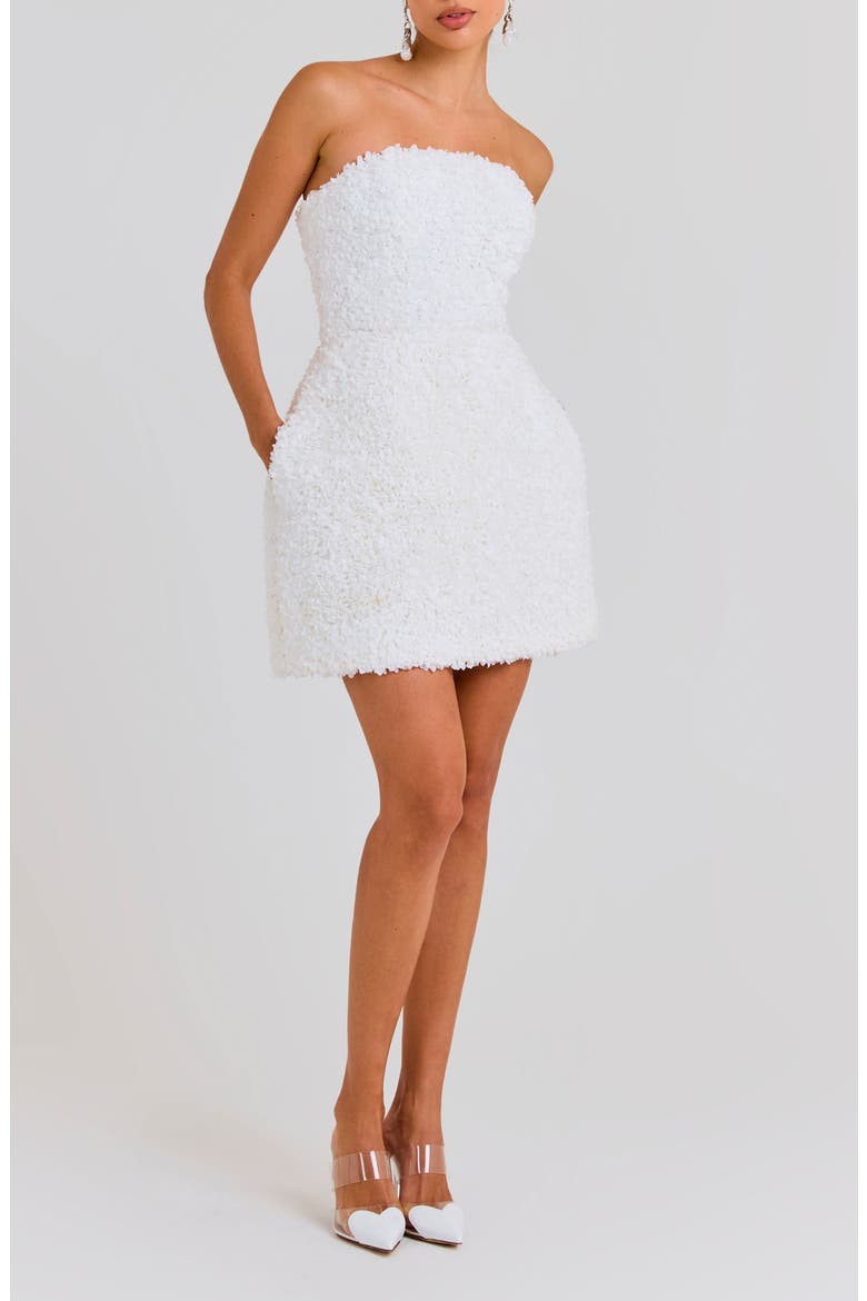 Maisy Floral Appliqué Strapless Minidress, Main, color, WHITE