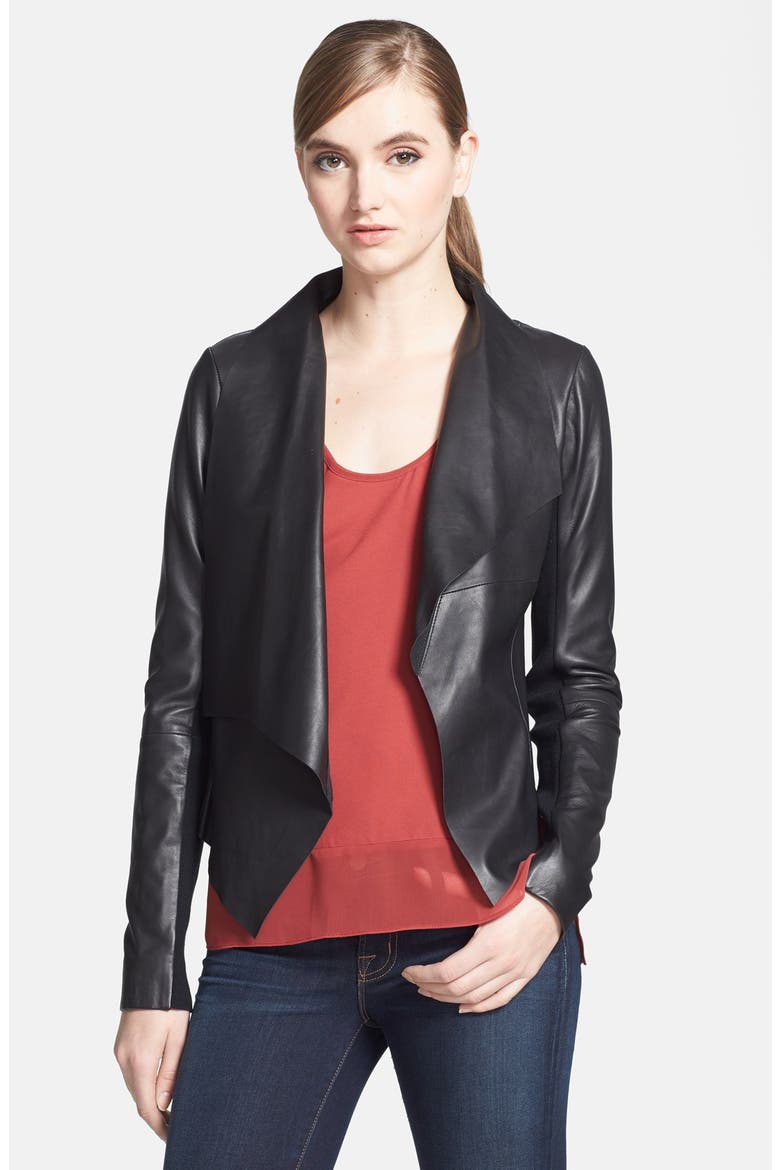 Draped Lapel Leather Jacket, Main, color, BLACK