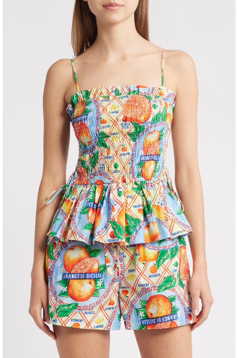 Marina Smocked Organic Cotton Peplum Camisole, Main, color, ORANGE/BLUE MULTI