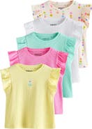 NEXT Kids' Assorted 5-Pack Frill Sleeve Graphic Cotton Blend T-Shirts