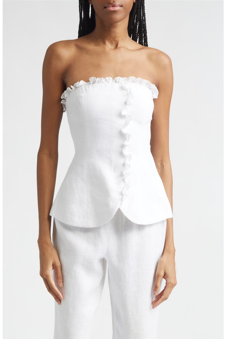 Florence Strapless Ruffle Trim Linen Peplum Top, Main, color, IVORY