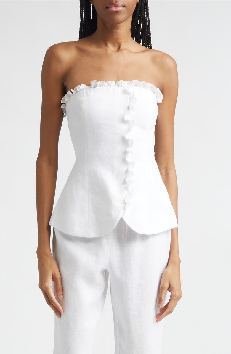 POSSE Florence Strapless Ruffle Trim Linen Peplum Top, Main, color, Ivory