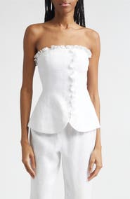 POSSE Florence Strapless Ruffle Trim Linen Peplum Top