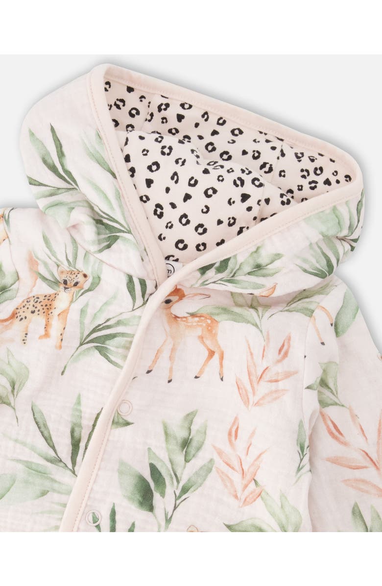 Deux par Deux Muslin and Organic Cotton Jersey Reversible Deer and Leopard Printed Hooded Jacket, Alternate, color, Peach Deer Print